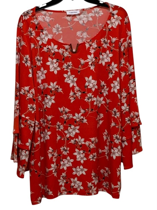 Calvin Klein Tops - Calvin Klein Coral-Red Floral Dress Top Metallic V logo cutout at neck 2XL
